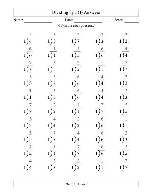 The Division Facts by a Fixed Divisor (1) and Quotients from 1 to 7 with Long Division Symbol/Bracket (50 questions) (I) Math Worksheet Page 2