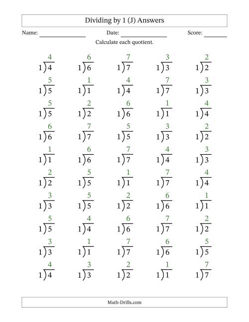 The Division Facts by a Fixed Divisor (1) and Quotients from 1 to 7 with Long Division Symbol/Bracket (50 questions) (J) Math Worksheet Page 2