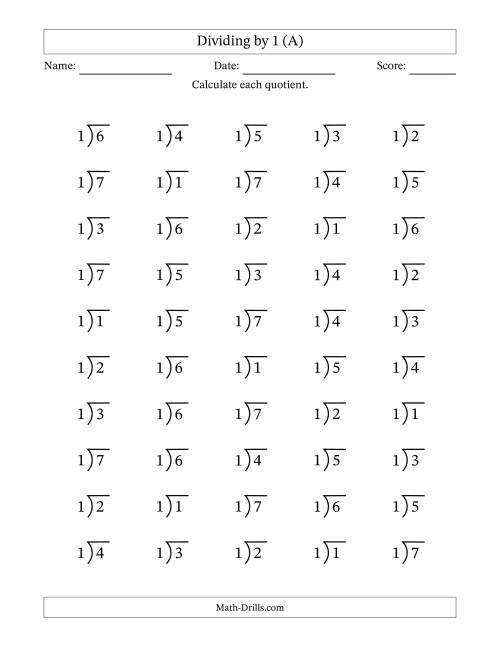 The Division Facts by a Fixed Divisor (1) and Quotients from 1 to 7 with Long Division Symbol/Bracket (50 questions) (All) Math Worksheet