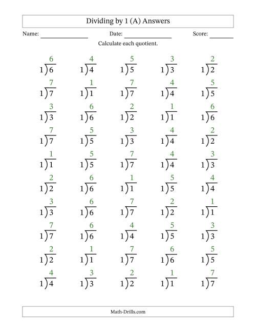 The Division Facts by a Fixed Divisor (1) and Quotients from 1 to 7 with Long Division Symbol/Bracket (50 questions) (All) Math Worksheet Page 2