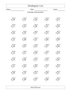 Division Facts by a Fixed Divisor (1) and Quotients from 1 to 9 with Long Division Symbol/Bracket (50 questions)