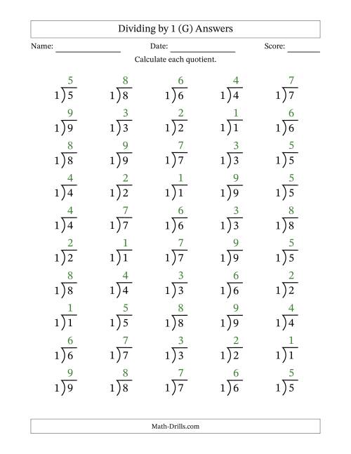 The Division Facts by a Fixed Divisor (1) and Quotients from 1 to 9 with Long Division Symbol/Bracket (50 questions) (G) Math Worksheet Page 2