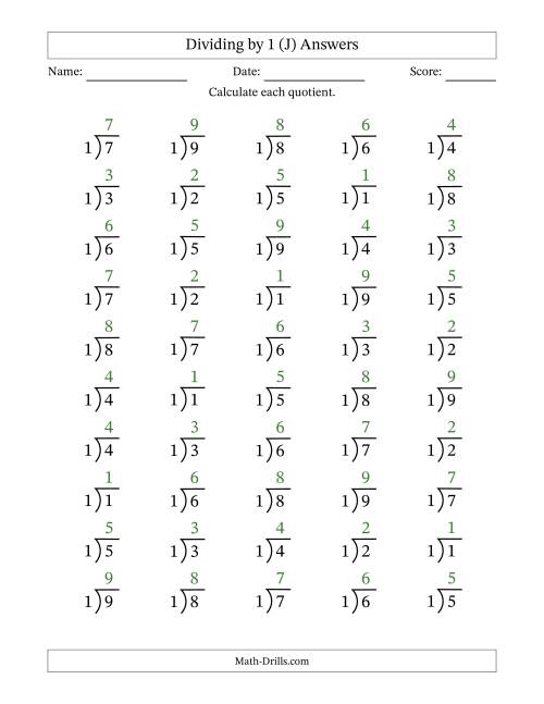 The Division Facts by a Fixed Divisor (1) and Quotients from 1 to 9 with Long Division Symbol/Bracket (50 questions) (J) Math Worksheet Page 2