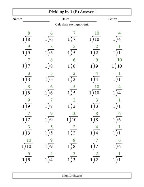 The Division Facts by a Fixed Divisor (1) and Quotients from 1 to 10 with Long Division Symbol/Bracket (50 questions) (B) Math Worksheet Page 2