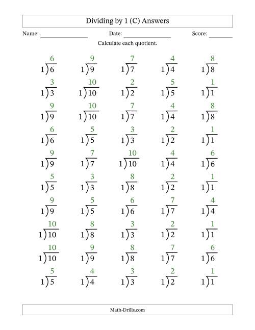 The Division Facts by a Fixed Divisor (1) and Quotients from 1 to 10 with Long Division Symbol/Bracket (50 questions) (C) Math Worksheet Page 2