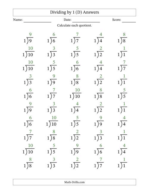 The Division Facts by a Fixed Divisor (1) and Quotients from 1 to 10 with Long Division Symbol/Bracket (50 questions) (D) Math Worksheet Page 2