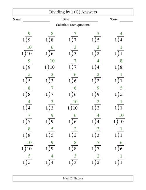 The Division Facts by a Fixed Divisor (1) and Quotients from 1 to 10 with Long Division Symbol/Bracket (50 questions) (G) Math Worksheet Page 2
