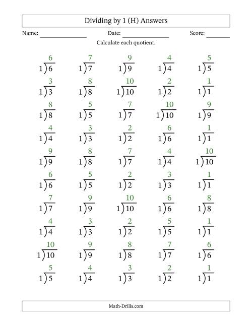 The Division Facts by a Fixed Divisor (1) and Quotients from 1 to 10 with Long Division Symbol/Bracket (50 questions) (H) Math Worksheet Page 2