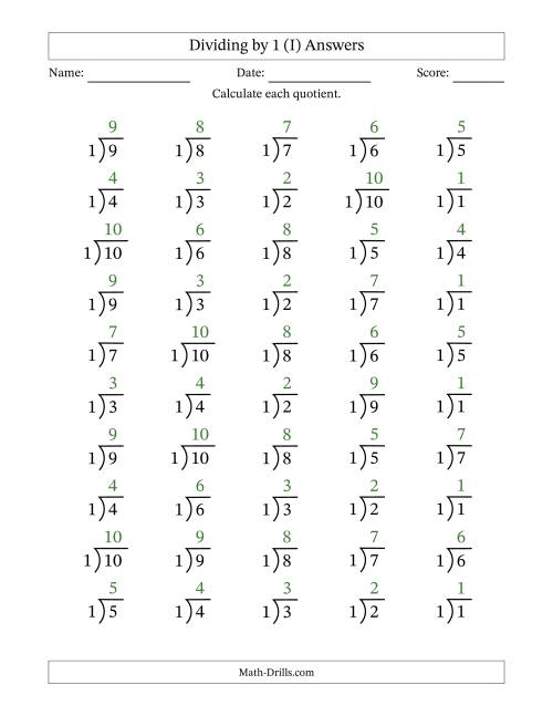 The Division Facts by a Fixed Divisor (1) and Quotients from 1 to 10 with Long Division Symbol/Bracket (50 questions) (I) Math Worksheet Page 2