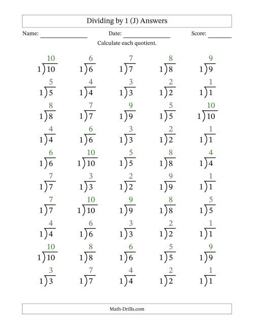 The Division Facts by a Fixed Divisor (1) and Quotients from 1 to 10 with Long Division Symbol/Bracket (50 questions) (J) Math Worksheet Page 2