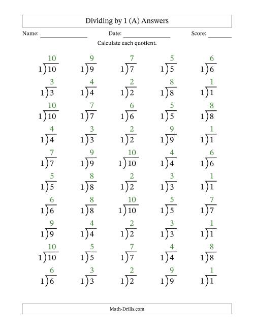 The Division Facts by a Fixed Divisor (1) and Quotients from 1 to 10 with Long Division Symbol/Bracket (50 questions) (All) Math Worksheet Page 2