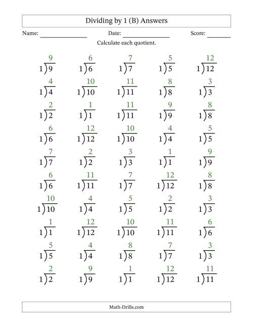 The Division Facts by a Fixed Divisor (1) and Quotients from 1 to 12 with Long Division Symbol/Bracket (50 questions) (B) Math Worksheet Page 2