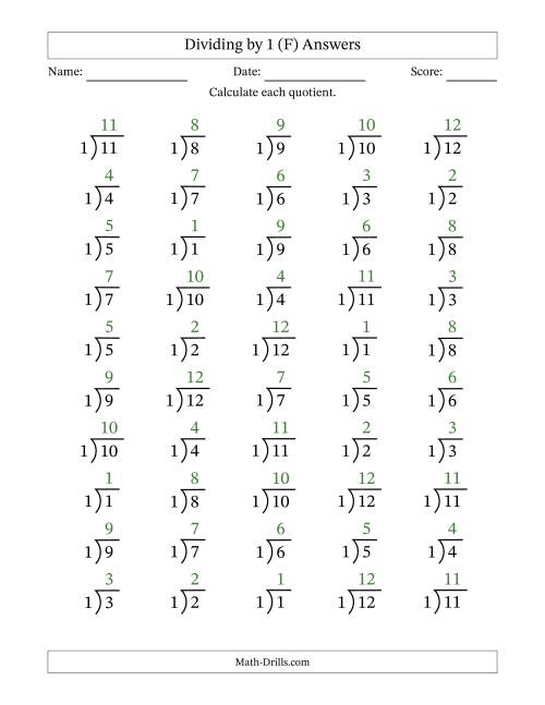The Division Facts by a Fixed Divisor (1) and Quotients from 1 to 12 with Long Division Symbol/Bracket (50 questions) (F) Math Worksheet Page 2