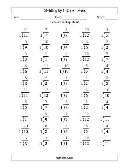 The Division Facts by a Fixed Divisor (1) and Quotients from 1 to 12 with Long Division Symbol/Bracket (50 questions) (G) Math Worksheet Page 2