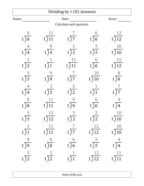 The Division Facts by a Fixed Divisor (1) and Quotients from 1 to 12 with Long Division Symbol/Bracket (50 questions) (H) Math Worksheet Page 2