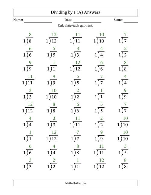 The Division Facts by a Fixed Divisor (1) and Quotients from 1 to 12 with Long Division Symbol/Bracket (50 questions) (All) Math Worksheet Page 2