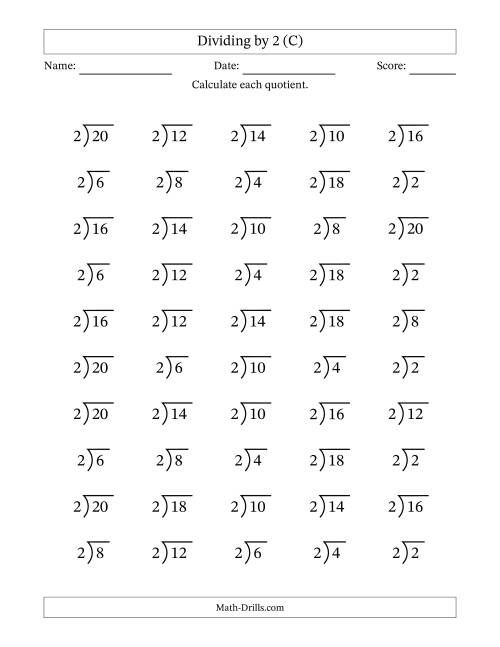 The Division Facts by a Fixed Divisor (2) and Quotients from 1 to 10 with Long Division Symbol/Bracket (50 questions) (C) Math Worksheet