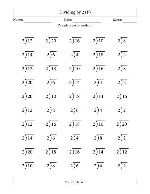 The Division Facts by a Fixed Divisor (2) and Quotients from 1 to 10 with Long Division Symbol/Bracket (50 questions) (F) Math Worksheet
