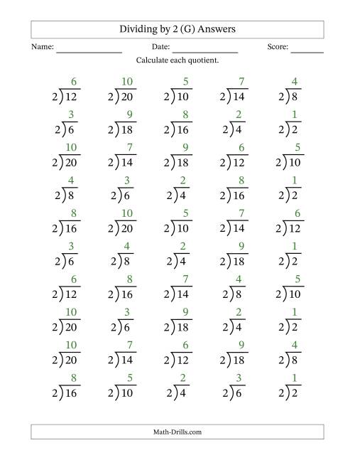 The Division Facts by a Fixed Divisor (2) and Quotients from 1 to 10 with Long Division Symbol/Bracket (50 questions) (G) Math Worksheet Page 2
