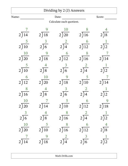 The Division Facts by a Fixed Divisor (2) and Quotients from 1 to 10 with Long Division Symbol/Bracket (50 questions) (J) Math Worksheet Page 2