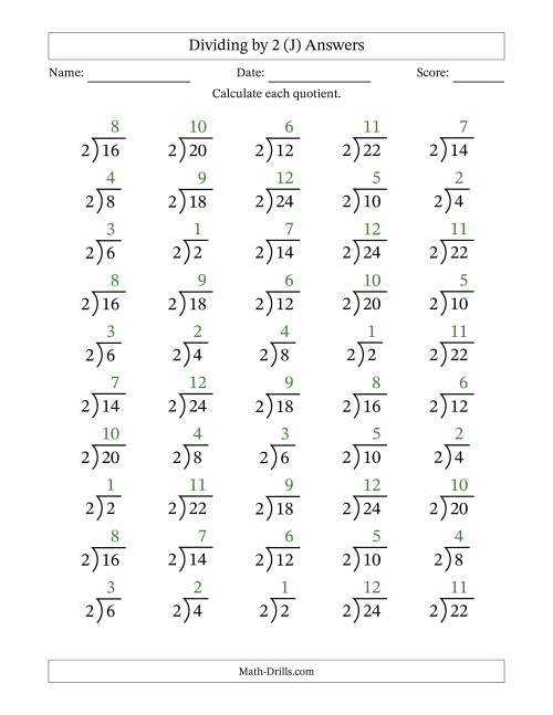 The Division Facts by a Fixed Divisor (2) and Quotients from 1 to 12 with Long Division Symbol/Bracket (50 questions) (J) Math Worksheet Page 2