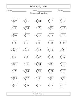 Division Facts by a Fixed Divisor (3) and Quotients from 1 to 9 with Long Division Symbol/Bracket (50 questions)