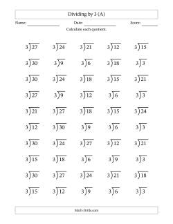 Division Facts by a Fixed Divisor (3) and Quotients from 1 to 10 with Long Division Symbol/Bracket (50 questions)