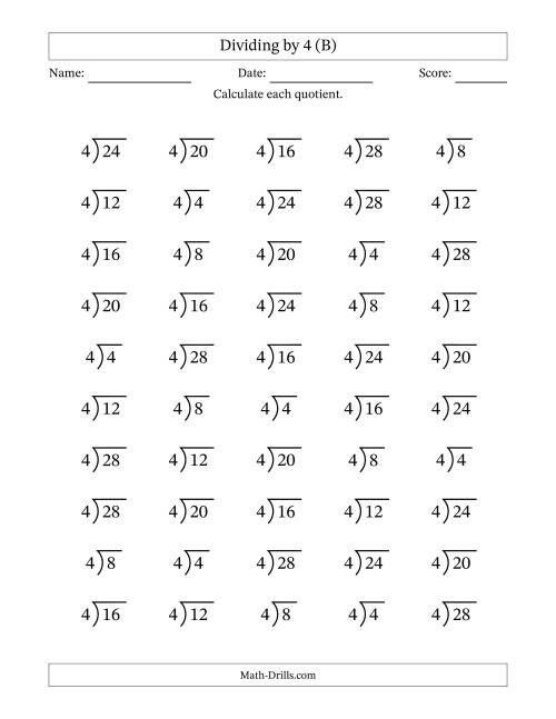 The Division Facts by a Fixed Divisor (4) and Quotients from 1 to 7 with Long Division Symbol/Bracket (50 questions) (B) Math Worksheet