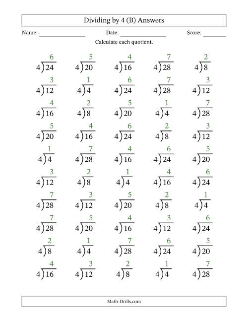 The Division Facts by a Fixed Divisor (4) and Quotients from 1 to 7 with Long Division Symbol/Bracket (50 questions) (B) Math Worksheet Page 2