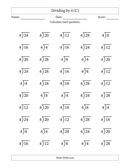 The Division Facts by a Fixed Divisor (4) and Quotients from 1 to 7 with Long Division Symbol/Bracket (50 questions) (C) Math Worksheet