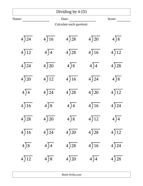 The Division Facts by a Fixed Divisor (4) and Quotients from 1 to 7 with Long Division Symbol/Bracket (50 questions) (D) Math Worksheet