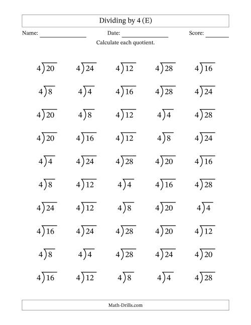 The Division Facts by a Fixed Divisor (4) and Quotients from 1 to 7 with Long Division Symbol/Bracket (50 questions) (E) Math Worksheet