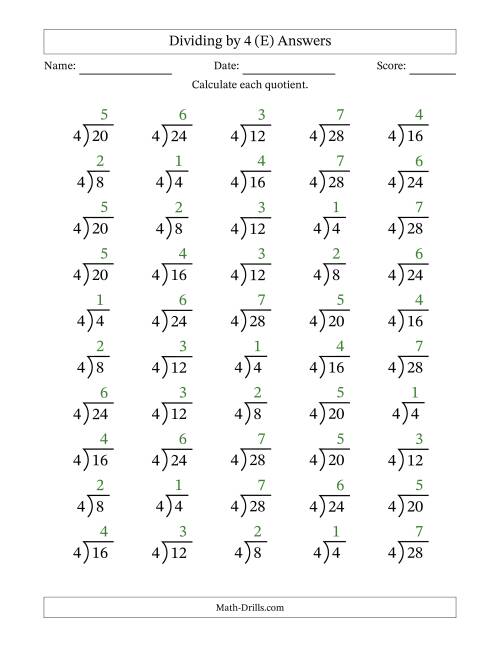 The Division Facts by a Fixed Divisor (4) and Quotients from 1 to 7 with Long Division Symbol/Bracket (50 questions) (E) Math Worksheet Page 2