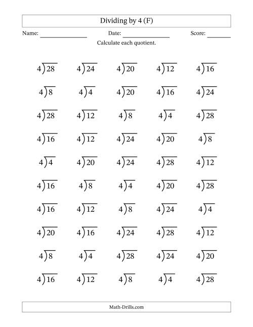The Division Facts by a Fixed Divisor (4) and Quotients from 1 to 7 with Long Division Symbol/Bracket (50 questions) (F) Math Worksheet