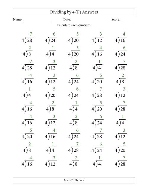 The Division Facts by a Fixed Divisor (4) and Quotients from 1 to 7 with Long Division Symbol/Bracket (50 questions) (F) Math Worksheet Page 2