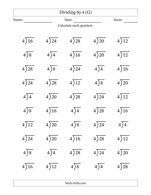 The Division Facts by a Fixed Divisor (4) and Quotients from 1 to 7 with Long Division Symbol/Bracket (50 questions) (G) Math Worksheet
