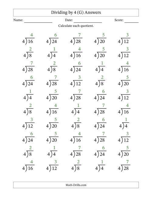 The Division Facts by a Fixed Divisor (4) and Quotients from 1 to 7 with Long Division Symbol/Bracket (50 questions) (G) Math Worksheet Page 2