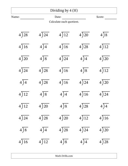 The Division Facts by a Fixed Divisor (4) and Quotients from 1 to 7 with Long Division Symbol/Bracket (50 questions) (H) Math Worksheet