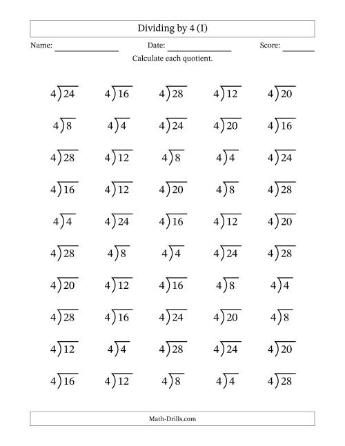 The Division Facts by a Fixed Divisor (4) and Quotients from 1 to 7 with Long Division Symbol/Bracket (50 questions) (I) Math Worksheet