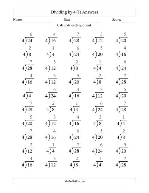 The Division Facts by a Fixed Divisor (4) and Quotients from 1 to 7 with Long Division Symbol/Bracket (50 questions) (I) Math Worksheet Page 2
