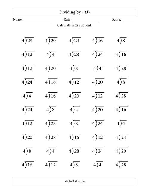 The Division Facts by a Fixed Divisor (4) and Quotients from 1 to 7 with Long Division Symbol/Bracket (50 questions) (J) Math Worksheet