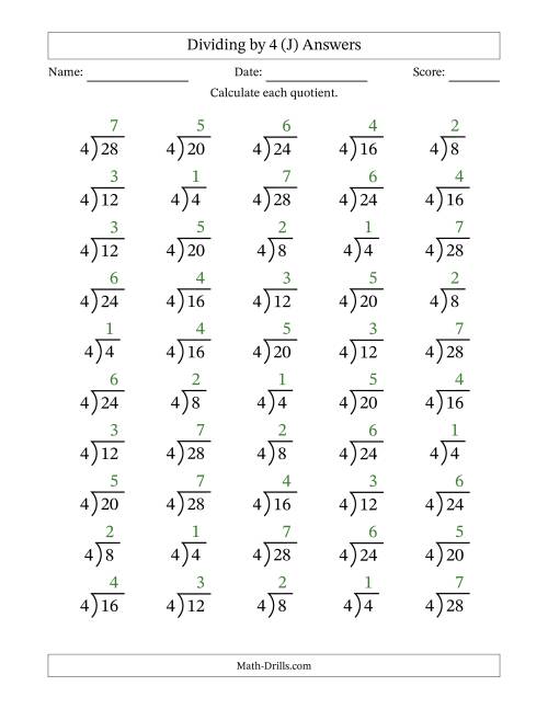 The Division Facts by a Fixed Divisor (4) and Quotients from 1 to 7 with Long Division Symbol/Bracket (50 questions) (J) Math Worksheet Page 2