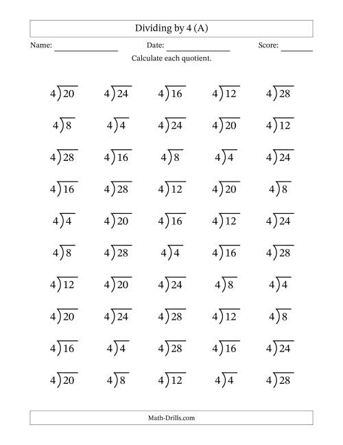 The Division Facts by a Fixed Divisor (4) and Quotients from 1 to 7 with Long Division Symbol/Bracket (50 questions) (All) Math Worksheet