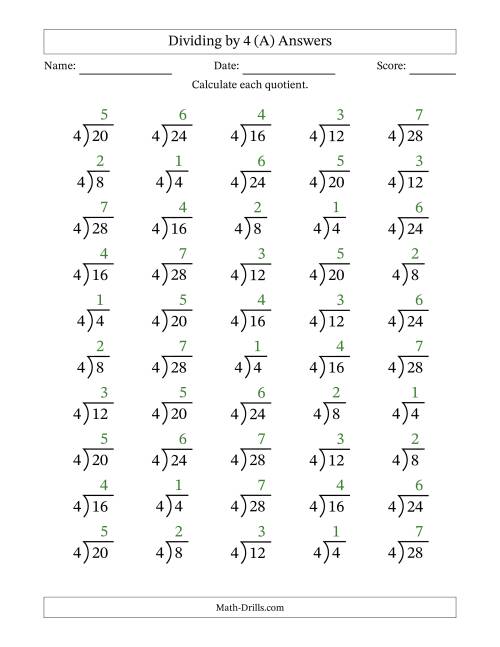 The Division Facts by a Fixed Divisor (4) and Quotients from 1 to 7 with Long Division Symbol/Bracket (50 questions) (All) Math Worksheet Page 2