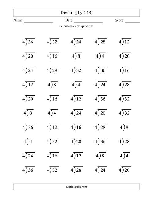 The Division Facts by a Fixed Divisor (4) and Quotients from 1 to 9 with Long Division Symbol/Bracket (50 questions) (B) Math Worksheet