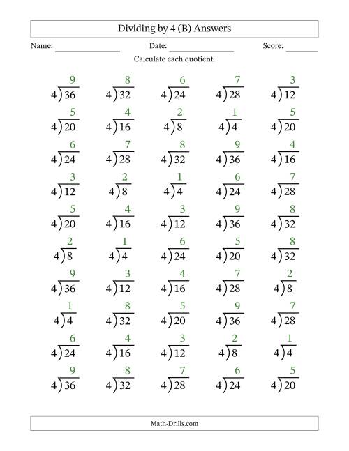 The Division Facts by a Fixed Divisor (4) and Quotients from 1 to 9 with Long Division Symbol/Bracket (50 questions) (B) Math Worksheet Page 2
