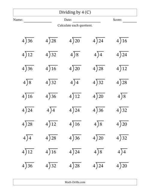 The Division Facts by a Fixed Divisor (4) and Quotients from 1 to 9 with Long Division Symbol/Bracket (50 questions) (C) Math Worksheet