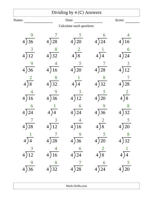 The Division Facts by a Fixed Divisor (4) and Quotients from 1 to 9 with Long Division Symbol/Bracket (50 questions) (C) Math Worksheet Page 2