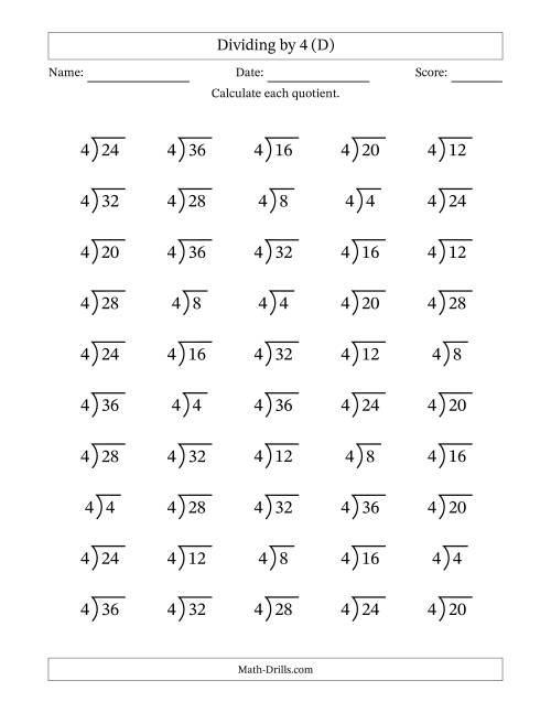 The Division Facts by a Fixed Divisor (4) and Quotients from 1 to 9 with Long Division Symbol/Bracket (50 questions) (D) Math Worksheet