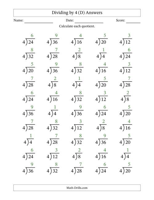 The Division Facts by a Fixed Divisor (4) and Quotients from 1 to 9 with Long Division Symbol/Bracket (50 questions) (D) Math Worksheet Page 2